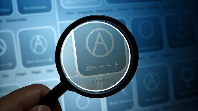 Magnifying glass showing digital screen concept with an icon and arrow, symbolizing examination of technology or programming.
