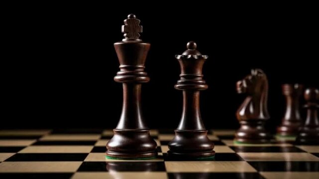 A captivating shot features elegant dark wooden chess pieces, prominently displaying the King and Queen on a classic chessboard against a deep, dark background. The shallow depth of field draws attent