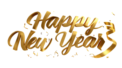 Stylish "Happy New Year 2026" curved golden typography with floral accents on transparent background
