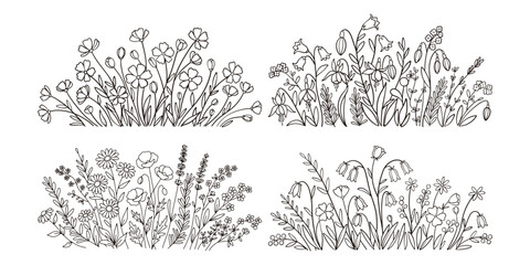 Wildflower Line Art Borders, Floral Botanical Border Illustrations