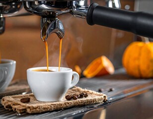 Close-up of espresso machine pouring coffee into white cup