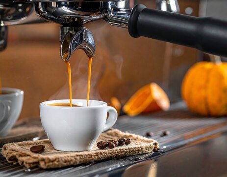 Close-up of espresso machine pouring coffee into white cup - Powered by Adobe