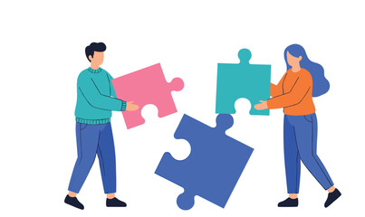 A flat vector illustration of a man and a woman collaboratively connecting three colorful puzzle pieces, representing teamwork, problem-solving, business solutions, and partnership concepts in design