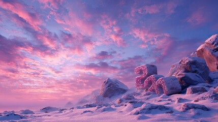 Majestic pink sky scene with snow covered rocks and numbers