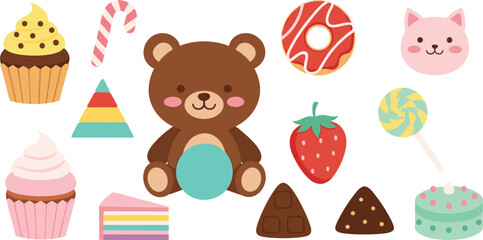 A delightful vector collection various cartoon sweets and desserts, including a cute teddy bear, colorful cupcakes, striped candy,  strawberry, perfect for children's designs and sweet food concepts