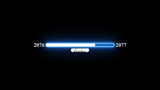 2076 to 2077 loading animation with January 2076 to January 2077 time line on black background, year progress transition, calendar time loading bar, new year change concept