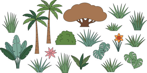 A comprehensive vector set featuring tropical plants, palm trees, bushy shrubs, and various grasses in a stylized outline design, perfect for nature, jungle, and garden landscaping graphics © Aminul