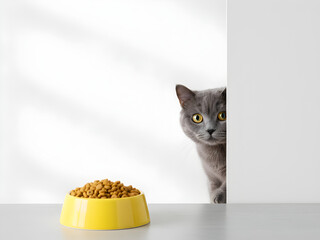 The cat peeks slowly while watching the food ready to eat.
