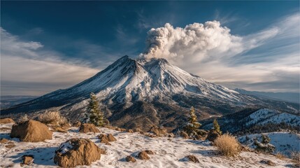 Fototapeta premium Majestic snow capped mountain with erupting volcano and dramatic cloudy sky view