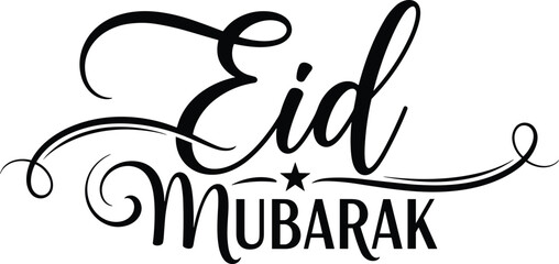 Elegant Black Eid Mubarak Calligraphy Vector Lettering Text with Decorative Flourishes and Star Isolated on a Clean White Background