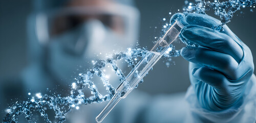 Scientist in protective gear examining a glowing blue DNA helix and pipette, genetic research, biotechnology, science