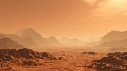 Mars landscape panoramic view of mountains red terrain and atmospheric haze