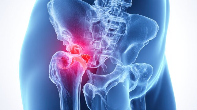 Medical illustration of a human hip joint with highlighted pain area
