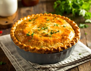 Golden-brown savory pie in metal pan, garnished with parsley