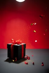 Elegant Black Gift Box with Red Ribbon and Floating Confetti on Vibrant Red Background
