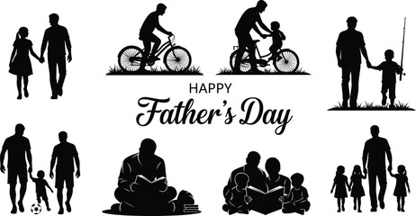 Happy Father's Day Silhouette Vector Collection of Dads and Children Engaging in Family Activities, Reading, and Outdoor Recreation