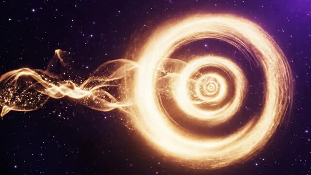 A glowing cosmic spiral with bright yellow and orange light patterns against a dark starry space