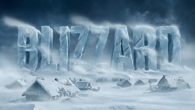 Blizzard Ice Glacier Text Forming in Snowstorm Over Frozen Village Scene