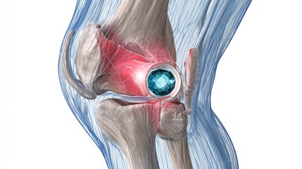 Medical illustration of human knee joint with highlighted anatomy