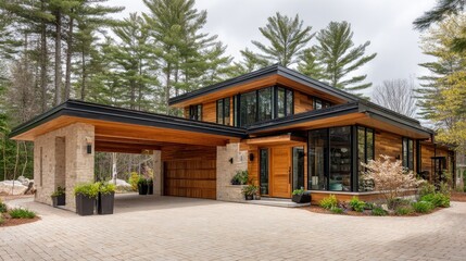 Naklejka premium Modern architectural design exterior home with carport and landscaping