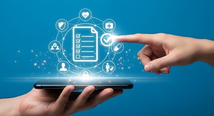 Hand interacting with digital battery icon and data network above a smartphone