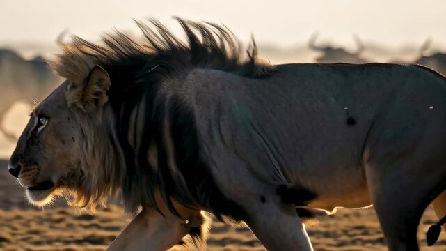 Intense lion chase happening in wild savanna concept. A lion watches as a herd of wildebeest moves through a dusty landscape.