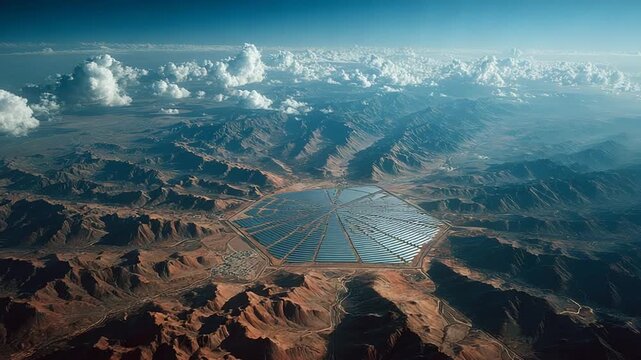 Aerial View of Solar Energy Farm in Mountainous Terrain