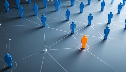 Network of blue human figures with one orange standout, symbolizing leadership and social connectivity.