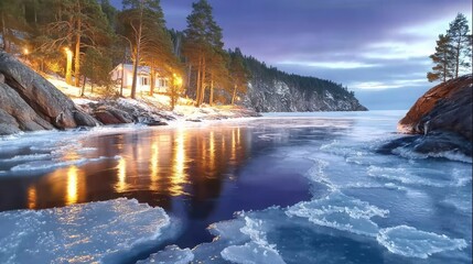 Serene winter landscape with frozen lake and warmly lit house on snowy shore at dusk