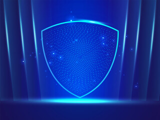 Artificial intelligence with Futuristic hologram dots movement in shield on dark blue background vector design concept. AI technology for advanced technology, cyber security, automation, Big data.