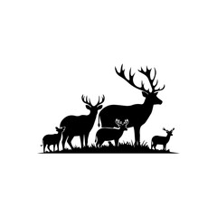 Deer family grazing in a serene forest landscape viewed from a distance