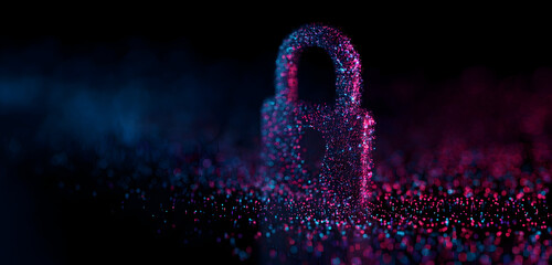 Digital padlock icon made of glowing particles in pink and blue on a dark background