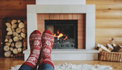 A man sits in Christmas socks in front of a fireplace. A symbol of coziness during the Christmas season