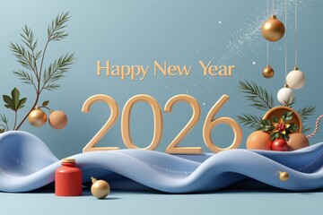 Festive New Year 2026 greeting card with golden ornaments, pine branches, and elegant typography.