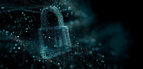 Abstract digital padlock made of glowing blue particles in a dark, ethereal space
