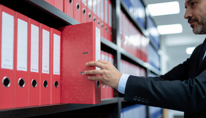 A man is working in an office and takes a folder out of a cabinet.