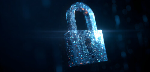 Glowing blue digital padlock in sharp focus against a blurred background of data and circuits