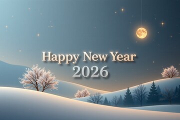 Whimsical snowy landscape with glowing moon and festive New Year 2026 greeting in soft light.