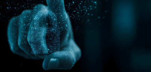 Close-up of a digital padlock made of sparkling blue particles, formed by a hand touching a screen