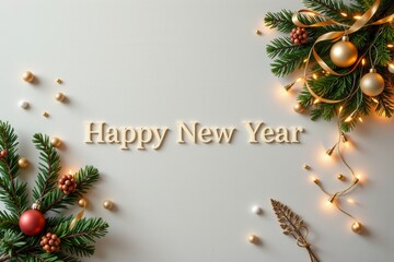 A clean and modern holiday illustration, featuring subtle warm lighting, spacious composition, and simple decorative shapes, seamlessly integrating the text "Happy New Year 2026" in crisp lettering.