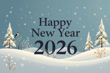 Festive Happy New Year 2026 illustration with snowy hills, evergreen trees, stars, and a perched bird.