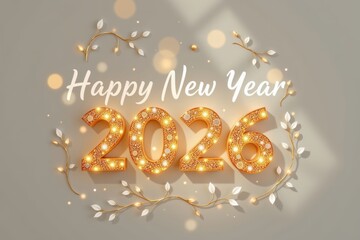 a soft modern new year illustration featuring gentle light diffusion, minimal decorative shapes, and airy open spacing, with the phrase " happy new year 2026 " arranged elegantly to express subtle joy