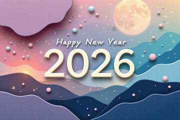 A serene and modern New Year's design, created with soft textured layers and gently diffused lighting, features the message "Happy New Year 2026" in a simple font to emphasize peace and tranquility.