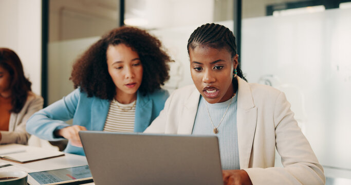 Laptop, sales team and women with discussion, internet and teamwork with planning. Employees, coworking and consultant in office, pc and brainstorming with ideas for social media campaign or email - Powered by Adobe