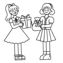 Line art illustration of girls exchanging gifts