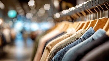Elegant shirts hanging on wooden hangers in soft natural light