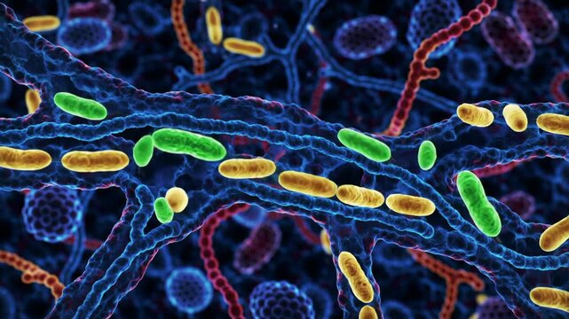 Close-up of colorful bacteria cells, microbiology, biology, science. Bacteria cells. Medical background concept.