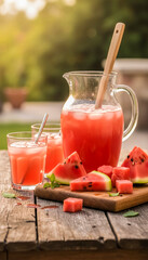 Refreshing watermelon juice in a glass pitcher on a rustic wooden table outdoors. A healthy and delicious summer drink, perfect for a hot day.