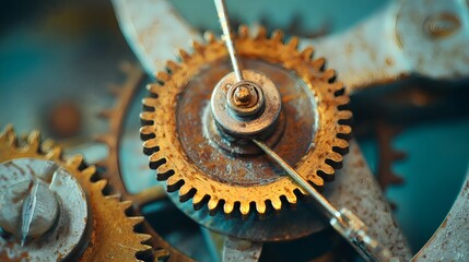 clockwork. A close-up of a complex mechanical gear mechanism with a central gear jammed. event key visuals, club posters, designed for sports event promotions and stadium branding.