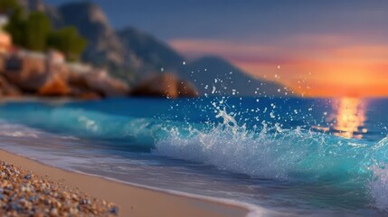 Serene beach scene with wave crashing on shore at sunset with mountains